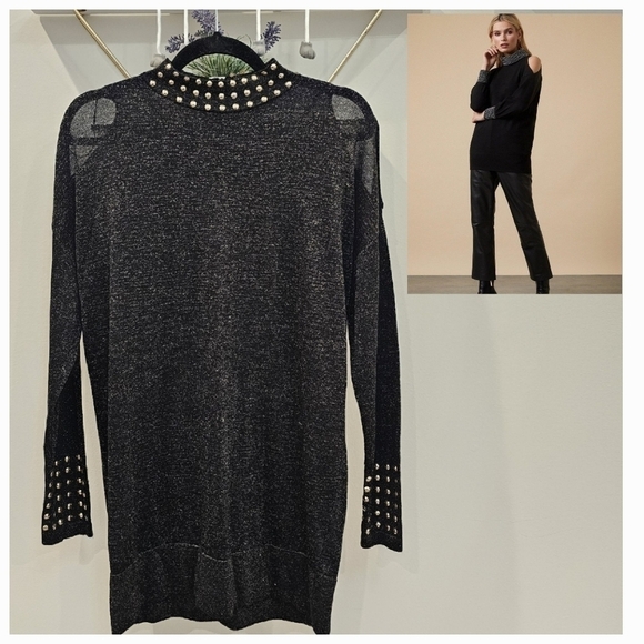 Wallis Black Gold Studded Cold Shoulder Mock Neck Tunic Sweater Top Size Medium - Picture 1 of 12